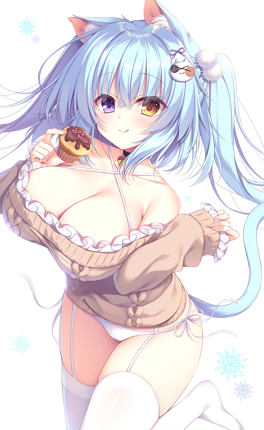 1girl, :q, animal_ear_fluff, animal_ears, aran_sweater, bangs, bare_shoulders, blue_hair, blush, breasts, brown_sweater, cat_ears, cat_girl, cat_tail, choker, cupcake, eyebrows_visible_through_hair, food, frilled_sweater, hair_between_eyes, hair_ornament, heart, heart_choker, heterochromia, highres, holding, holding_food, leg_up, long_hair, long_sleeves, looking_at_viewer, off-shoulder_sweater, off_shoulder, original, panties, side-tie_panties, simple_background, sleeves_past_wrists, smile, solo, sweater, tail, thigh-highs, tongue, tongue_out, twintails, underwear, very_long_hair, violet_eyes, white_background, white_legwear, white_panties, yatanukikey, yellow_eyes