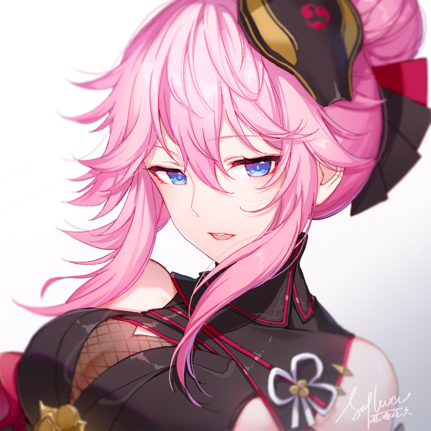 1girl, bangs, bare_shoulders, black_kimono, blue_eyes, blush, breasts, detached_sleeves