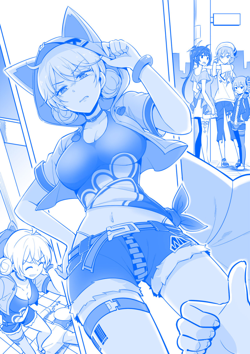 1boy, 4girls, alternate_costume, animal_hood, bangs, belt, blush, braid