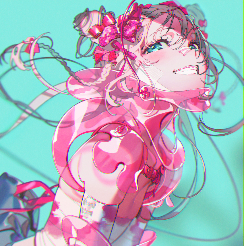 1girl, absurdres, aqua_eyes, bandage_on_face, bandages, bandaid, bandaid_on_nose, blurry