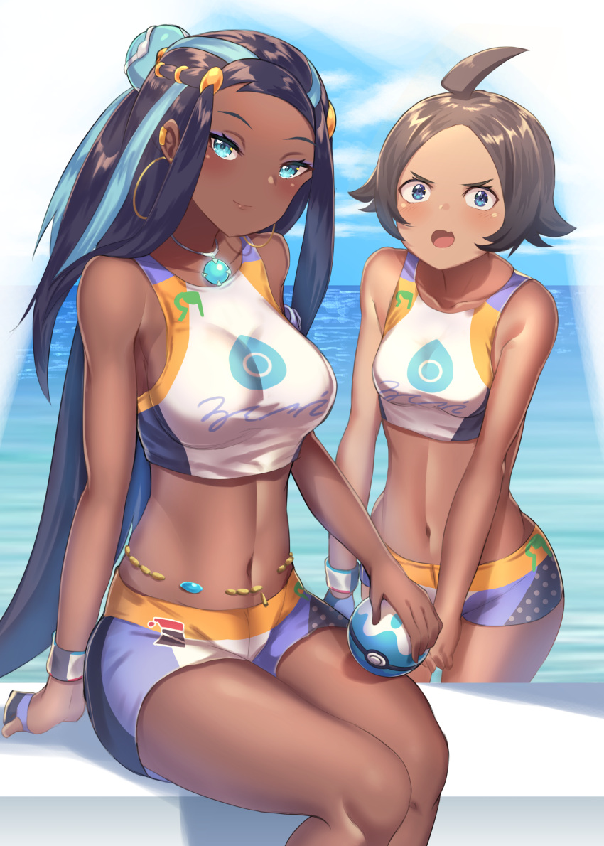 2girls, absurdres, armlet, beach, belly_chain, dark_skin, earrings, eyeshadow