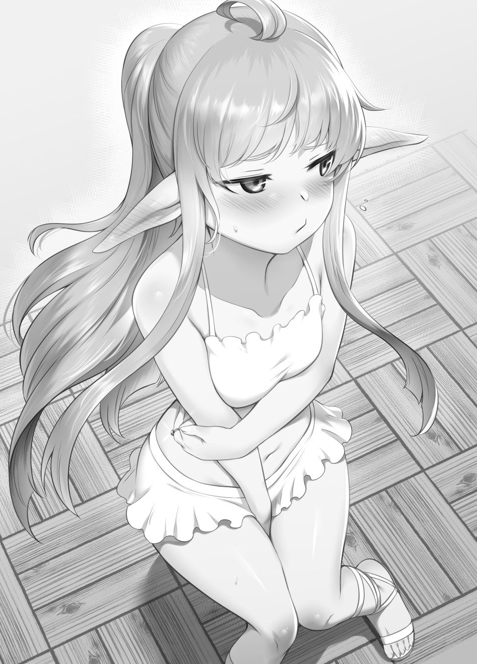 1girl, ahoge, blush, collarbone, ear_blush, edita_(tanaka_the_wizard), elf, embarrassed