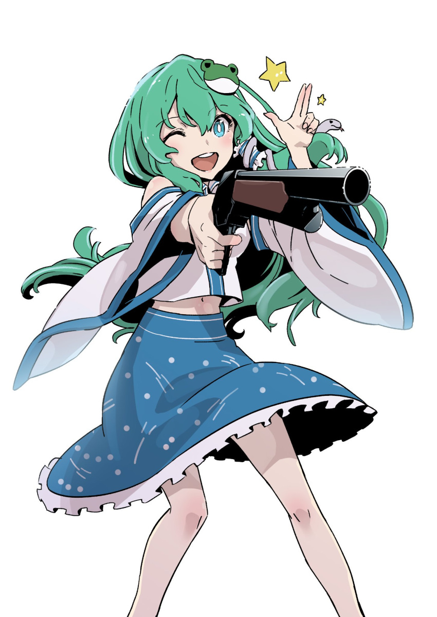 1girl, aiming, blue_eyes, blue_skirt, commentary_request, detached_sleeves, feet_out_of_frame, finger_gun, frog_hair_ornament, green_hair, gun, hair_ornament, hair_tubes, highres, holding, holding_gun, holding_weapon, kawayabug, kochiya_sanae, lever_action, long_hair, looking_at_viewer, midriff, navel, one_eye_closed, open_mouth, round_teeth, shirt, shotgun, simple_background, skirt, sleeveless, sleeveless_shirt, smile, snake_hair_ornament, solo, star, teeth, touhou, weapon, white_background, white_shirt, white_sleeves, winchester_model_1887