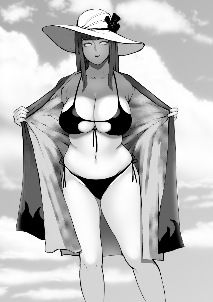 1girl, absurdres, bangs, bikini, boruto:_naruto_next_generations, breasts, greyscale, hat