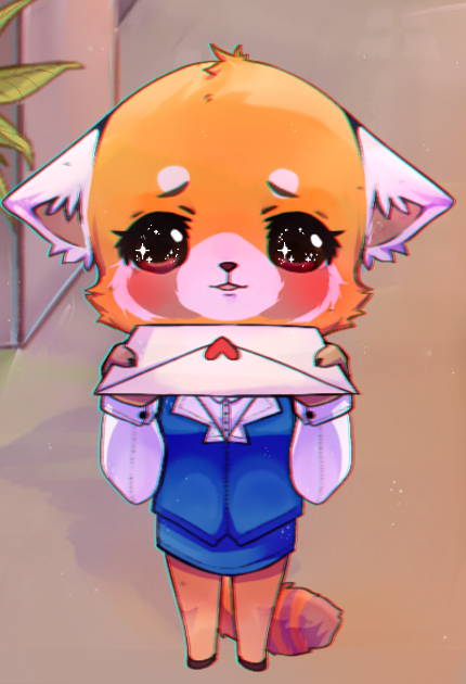 aggressive_retsuko, animal_ears, blush, brown_eyes, cherrylenn, envelope, furry, looking_at_viewer, plant, redhead, retsuko, simple_background, skirt, smile, sparkling_eyes, tail, uniform
