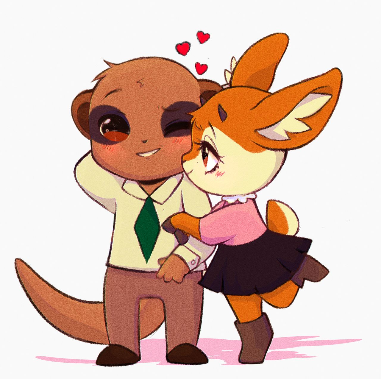 1boy, 1girl, aggressive_retsuko, animal_ears, blush, boots, brown_eyes, brown_hair