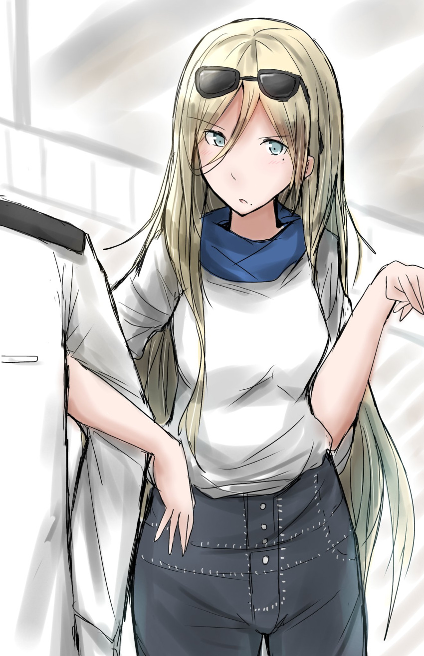 1boy, 1girl, admiral_(kantai_collection), arm_hug, blonde_hair, blue_eyes, blue_scarf, commentary_request