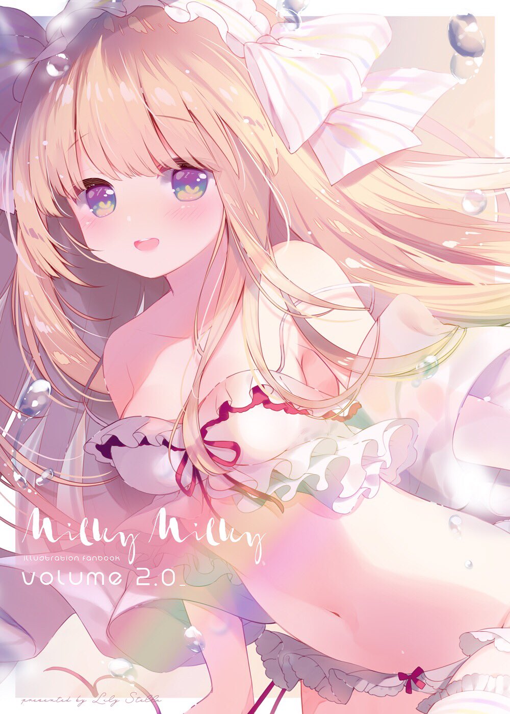 1girl, :d, ame_usari, bow, bow_panties, bra, commentary_request, cover