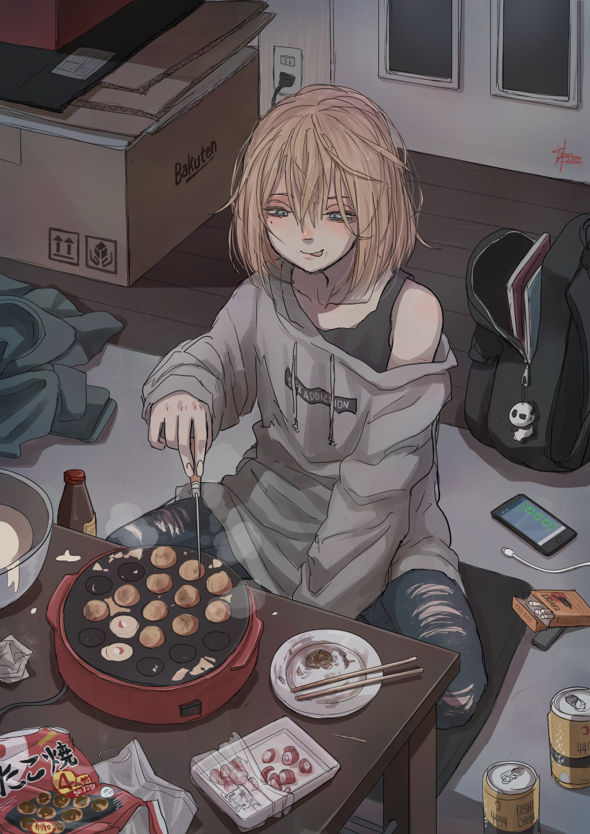 1girl, absurdres, alcohol, backpack, bag, blonde_hair, box, can