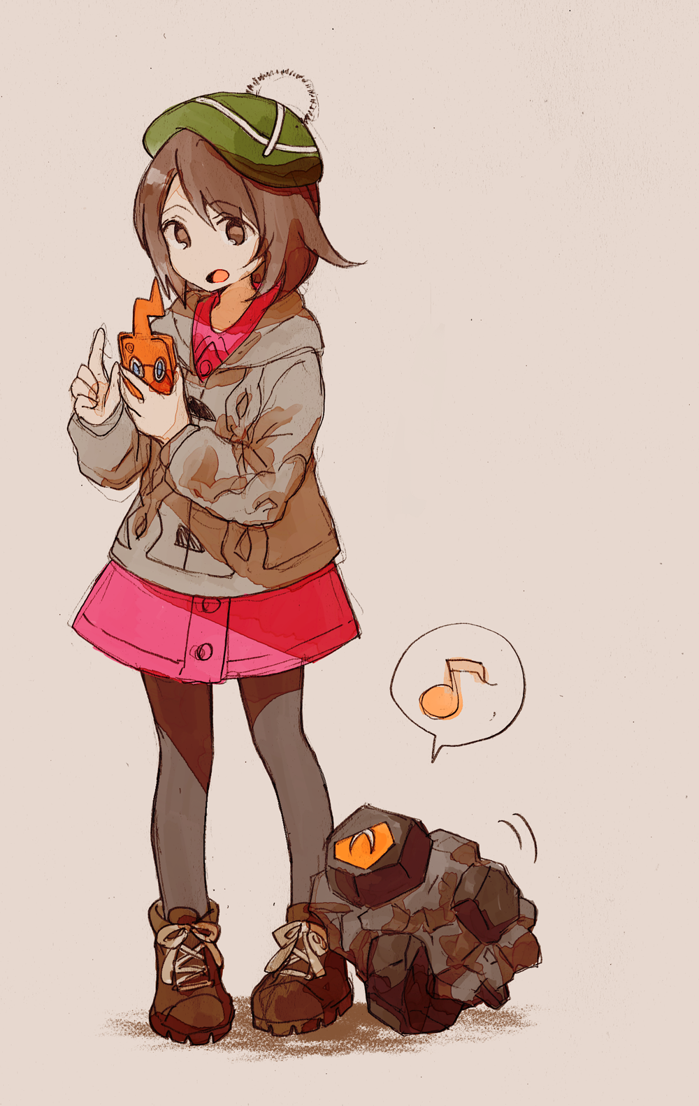 1girl, brown_eyes, brown_hair, cellphone, gen_8_pokemon, grey_cardigan, hat, highres