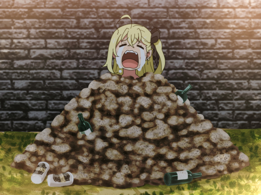 1girl, ahoge, beer_can, blonde_hair, blush, bottle, brick_wall, buried