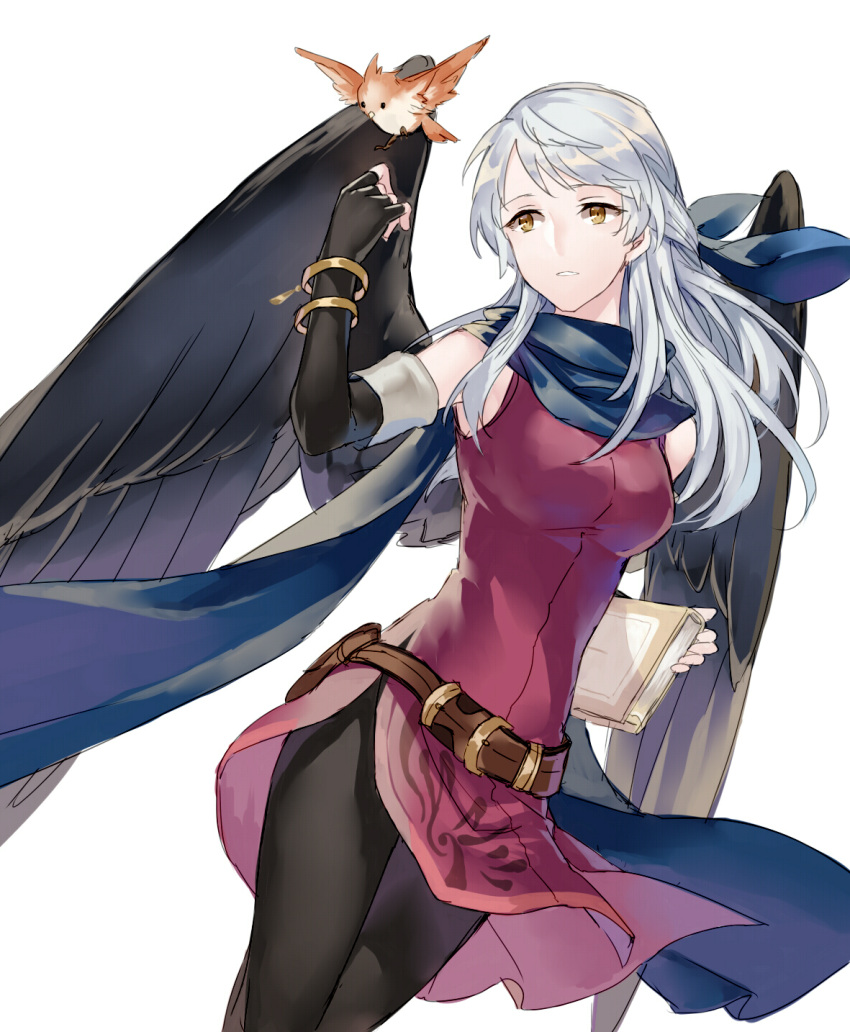 1girl, bangs, bare_shoulders, belt, bird, black_gloves, black_legwear, black_wings, blue_scarf, book, bracelet, breasts, brown_belt, commentary_request, cowboy_shot, dress, elbow_gloves, feathered_wings, fire_emblem, fire_emblem:_radiant_dawn, gloves, hand_up, highres, holding, holding_book, jewelry, jnsghsi, long_hair, medium_breasts, micaiah_(fire_emblem), pantyhose, parted_lips, purple_dress, scarf, short_dress, sidelocks, silver_hair, simple_background, standing, thighs, white_background, wings, yellow_eyes, yune_(fire_emblem)