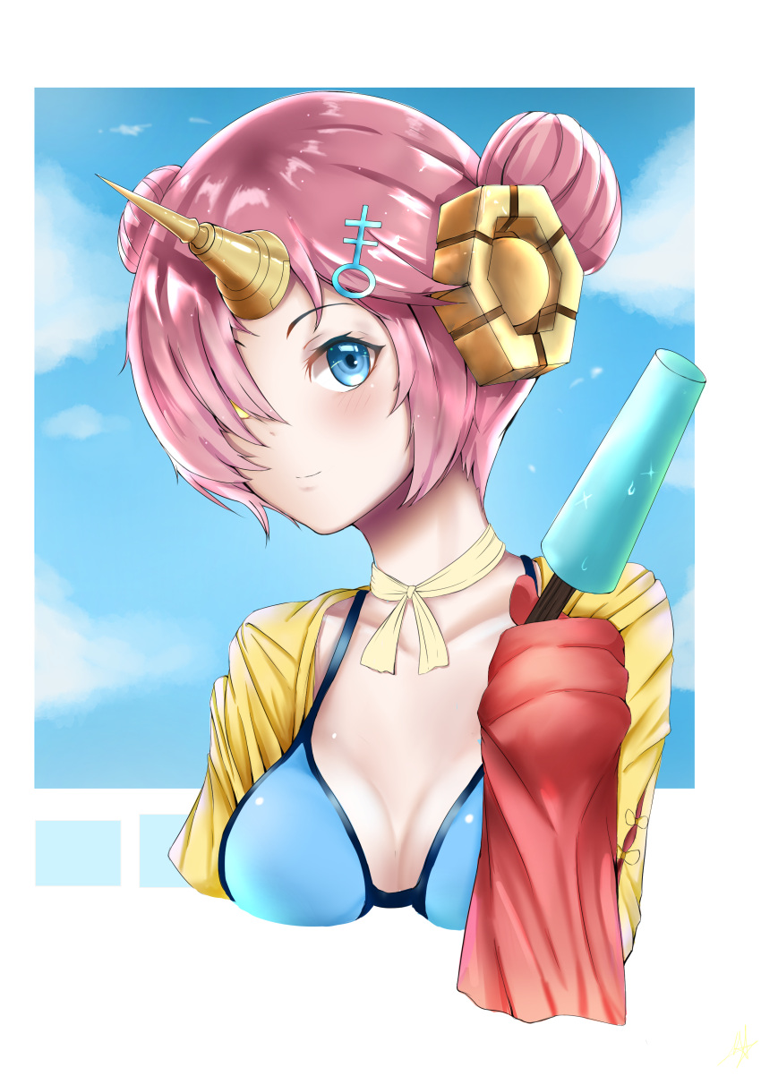 1girl, absurdres, bikini, blue_bikini, blue_eyes, blue_sky, blush, border