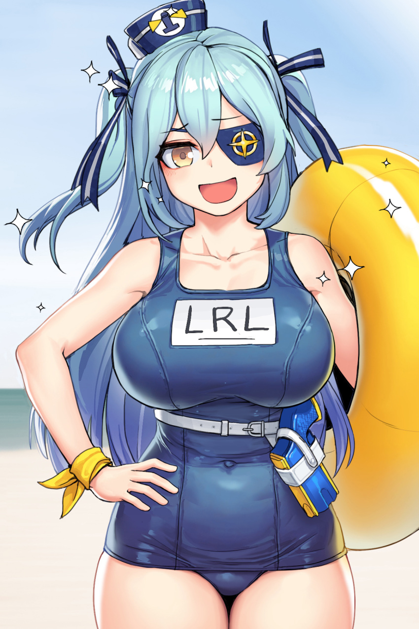 1girl, alternate_breast_size, bangs, belt, blue_hair, blue_swimsuit, blush, breasts