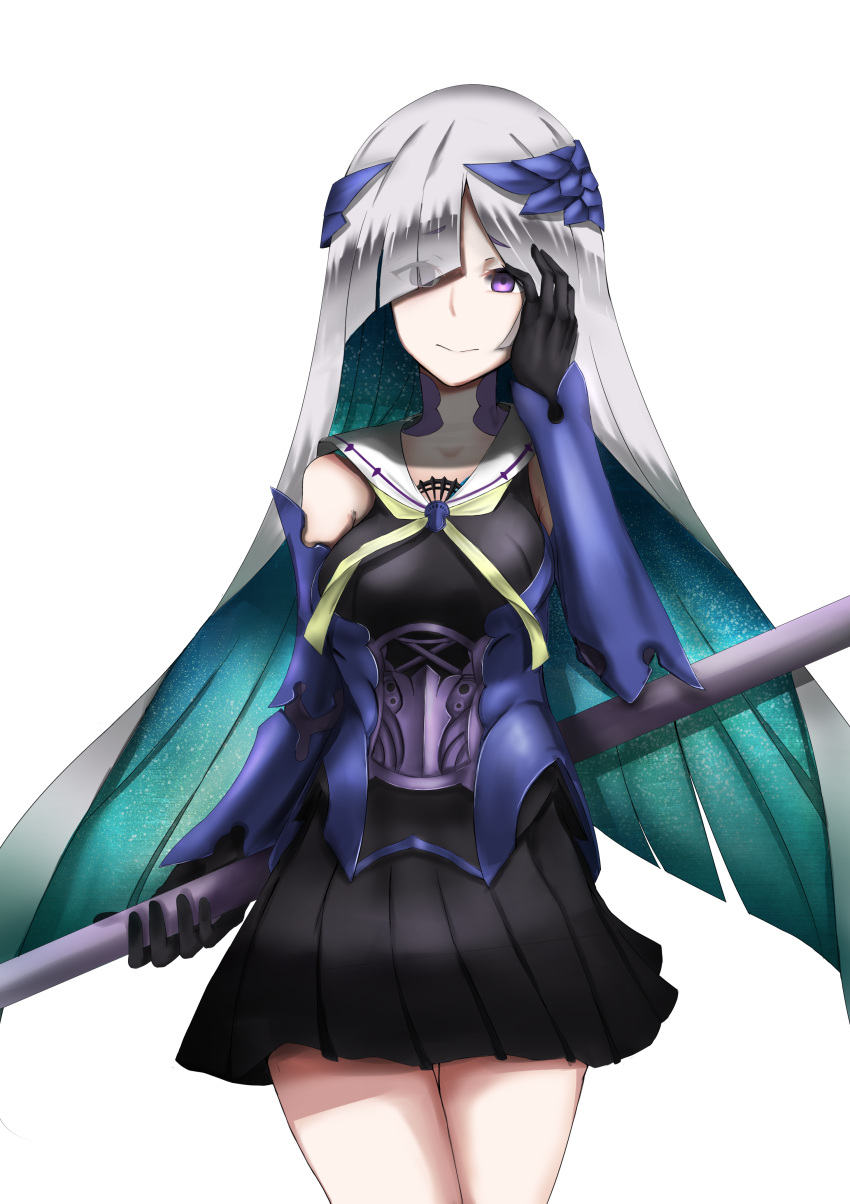 1girl, absurdres, aqua_hair, armor, armored_dress, asymmetrical_bangs, bangs, black_skirt