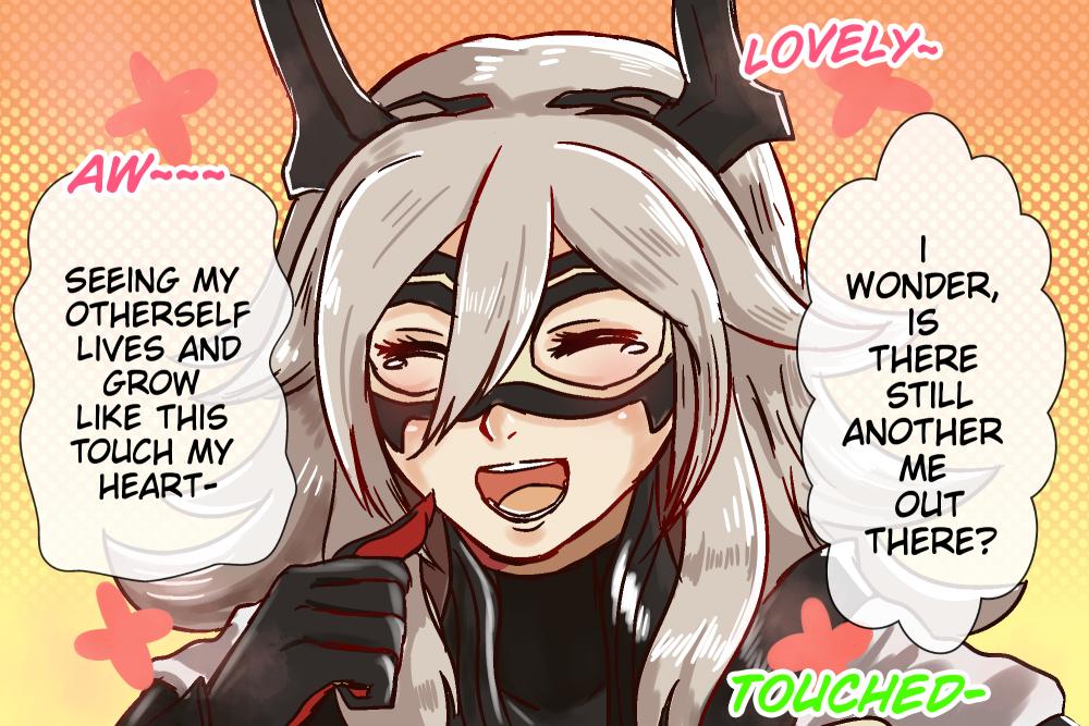 1girl, closed_eyes, domino_mask, english_text, fire_emblem, fire_emblem_heroes, grey_hair, horns