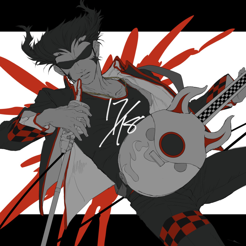 1boy, absurdres, black_shirt, checkered, flat_color, grey_skin, guitar, highres