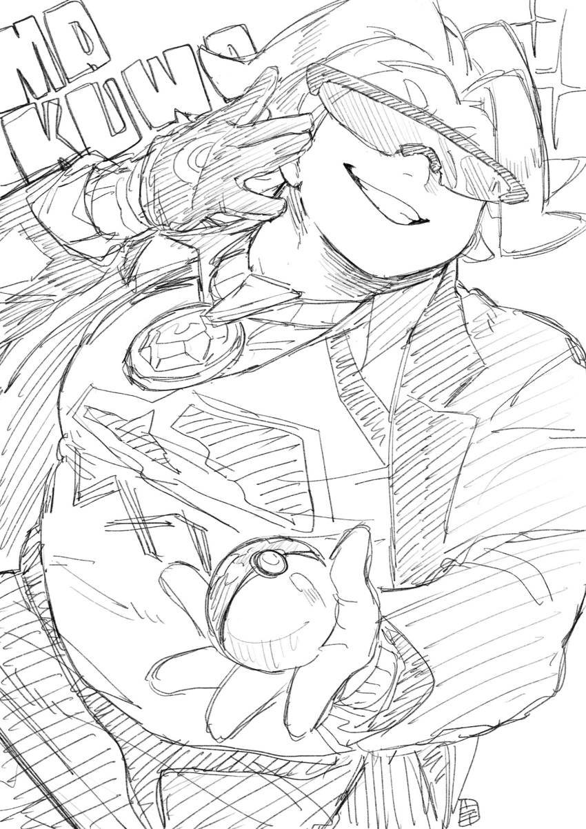 1boy, character_name, gem, gloves, greyscale, grin, gym_leader, highres