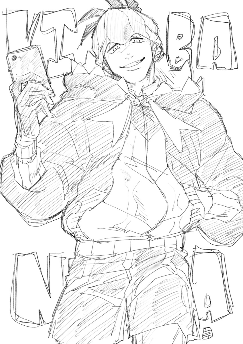 1boy, cellphone, character_name, gloves, greyscale, grin, gym_leader, hand_in_pocket