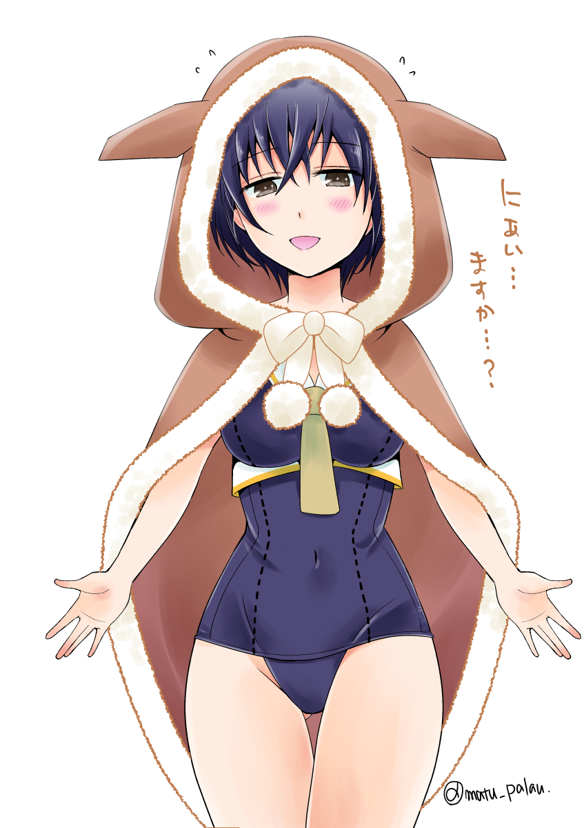 1girl, animal_hood, asymmetrical_hair, black_hair, black_swimsuit, brown_eyes, brown_hood, commentary_request