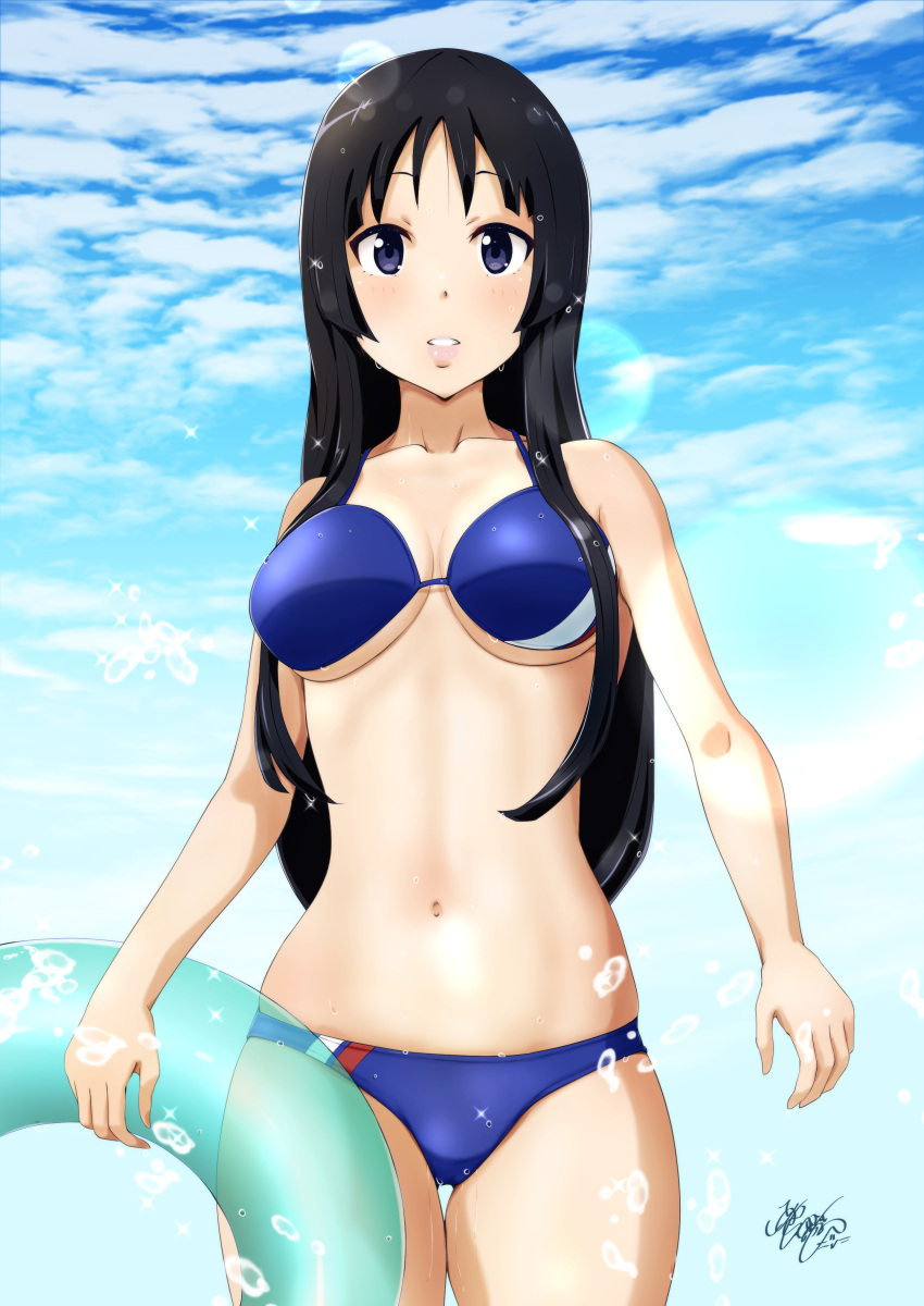 1girl, absurdres, akiyama_mio, bangs, bikini, black_eyes, black_hair, blue_bikini, blue_sky, blunt_bangs, breasts, clouds, commentary_request, cowboy_shot, day, dragonoil, from_below, highres, hime_cut, innertube, k-on!, lens_flare, long_hair, looking_at_viewer, medium_breasts, outdoors, sidelocks, signature, sky, solo, standing, swimsuit, thigh_gap