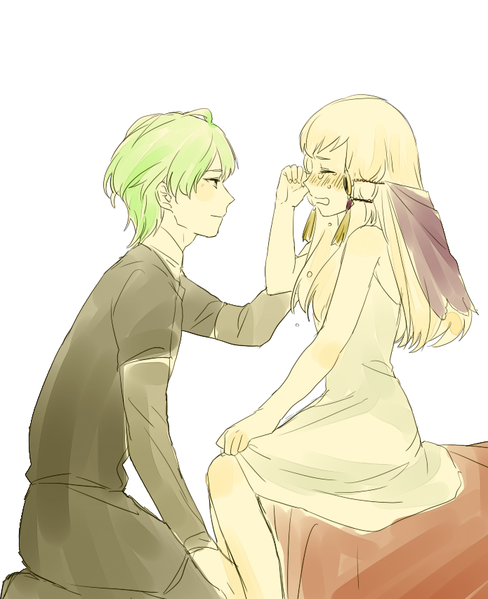1boy, 1girl, alternate_costume, byleth_(fire_emblem), byleth_eisner_(male), closed_eyes, closed_mouth, crying, dress, fire_emblem, fire_emblem:_three_houses, from_side, green_hair, hair_ornament, long_hair, long_sleeves, lysithea_von_ordelia, open_mouth, pants, saichi_(meme+), short_hair, sitting, white_hair