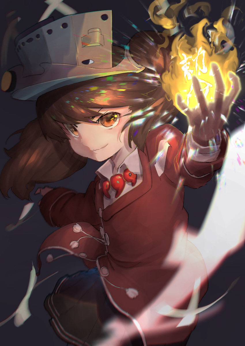 1girl, brown_eyes, brown_hair, fire, flame, grin, hand_up, highres