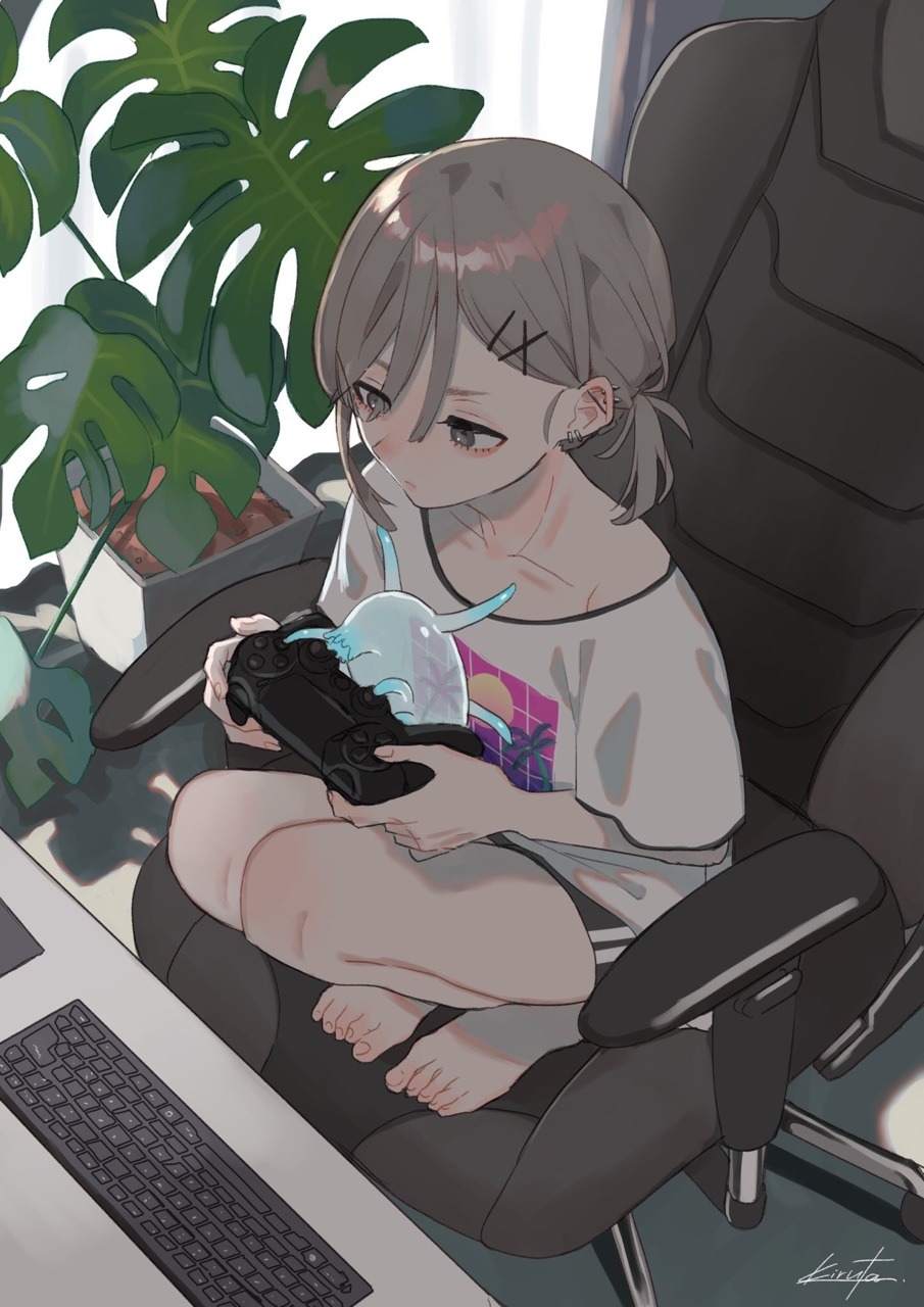 1girl, 80s, barefoot, chair, controller, day, desk, ear_piercing, earrings, from_above, hair_ornament, hairclip, highres, holding_controller, indoors, jewelry, keyboard_(computer), kirudai, knees, leaf, looking_ahead, monstera_deliciosa, office_chair, oldschool, on_chair, original, piercing, plant, playstation_controller, ponytail, potted_plant, shirt, short_ponytail, shorts, signature, slime, solo, squatting, t-shirt, toes, wireless