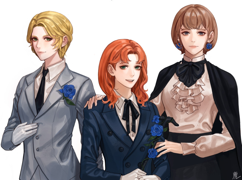 3girls, alternate_costume, annette_fantine_dominic, blonde_hair, blue_eyes, closed_mouth, earrings, fire_emblem