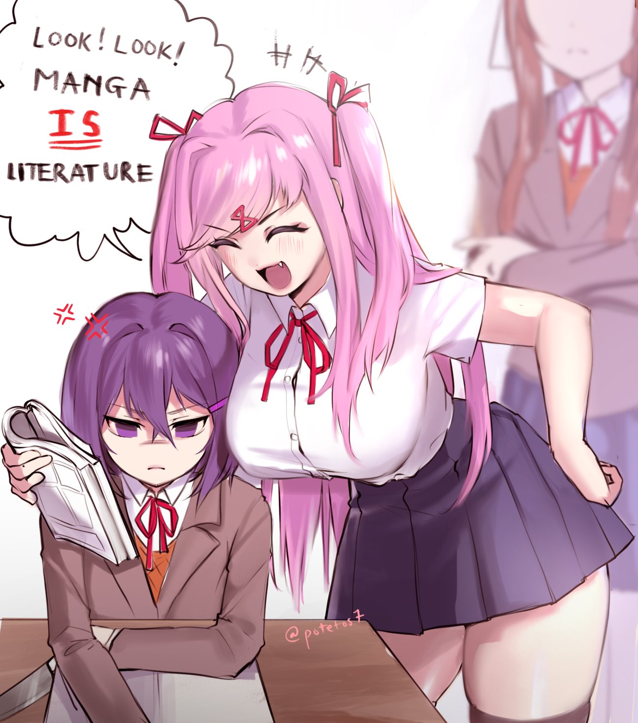 +++, 3girls, :d, ^_^, alternate_breast_size, alternate_hair_length, alternate_hairstyle, alternate_height