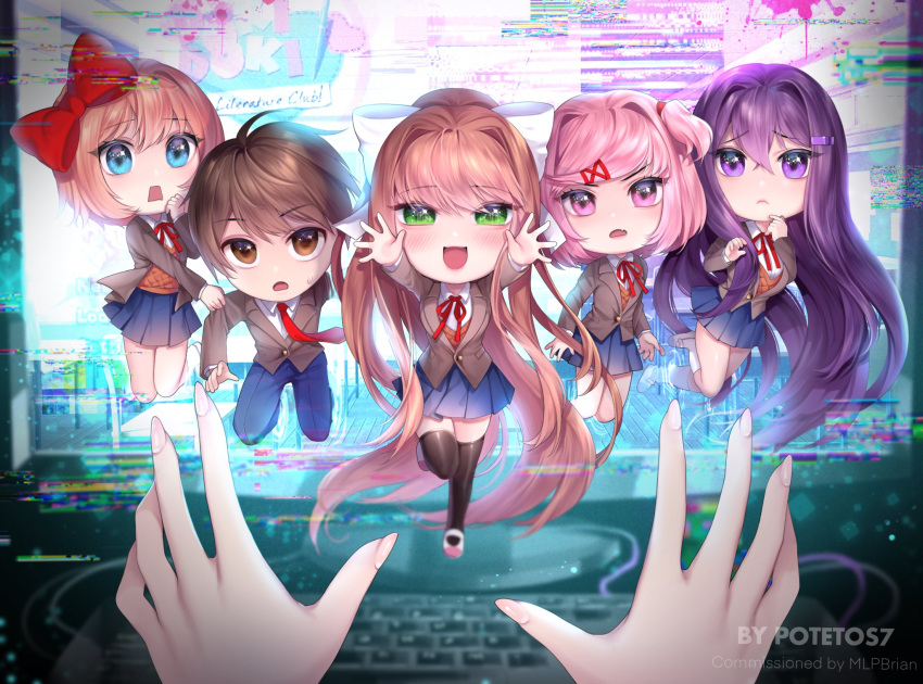 1boy, 4girls, :d, :o, artist_name, bangs, black_legwear, blue_eyes