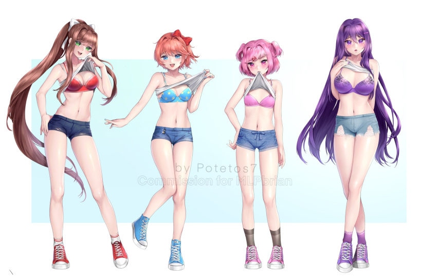 4girls, :d, alternate_costume, arms_behind_back, artist_name, bangs, bare_shoulders, blue_background, blue_bra, blue_eyes, blue_nails, blush, bow, bra, breasts, brown_hair, camisole, camisole_lift, casual, collarbone, commentary, commission, cross-laced_footwear, crossed_legs, cutoffs, denim, denim_shorts, doki_doki_literature_club, eyebrows_visible_through_hair, fang, full_body, green_eyes, hair_between_eyes, hair_bow, hair_ornament, hair_ribbon, hairclip, hand_on_hip, hand_on_own_chest, hand_up, highres, large_breasts, lifted_by_self, long_hair, looking_at_viewer, medium_breasts, midriff, monika_(doki_doki_literature_club), mouth_hold, multiple_girls, natsuki_(doki_doki_literature_club), navel, open_mouth, pink_bra, pink_eyes, pink_hair, ponytail, potetos7, print_bra, purple_bra, purple_hair, purple_nails, red_bow, red_bra, ribbon, sayori_(doki_doki_literature_club), shoes, short_hair, short_shorts, shorts, simple_background, small_breasts, smile, spaghetti_strap, standing, star, star_print, symbol_commentary, two_side_up, underwear, very_long_hair, violet_eyes, watermark, watson_cross, white_background, white_camisole, white_ribbon, yuri_(doki_doki_literature_club)