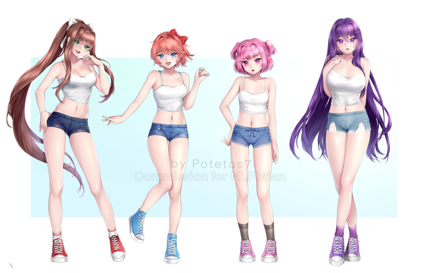 4girls, :d, alternate_costume, arms_behind_back, artist_name, bangs, bare_shoulders, blue_background