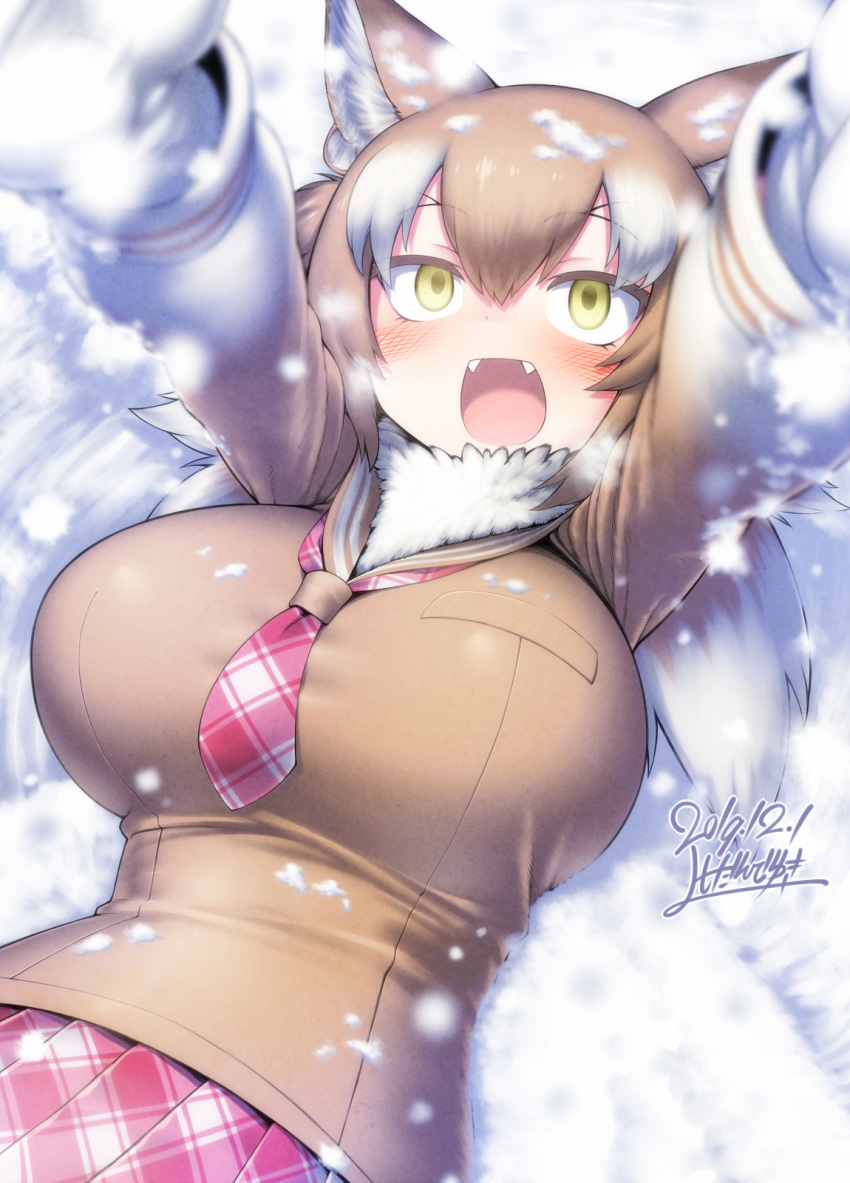 1girl, animal_ear_fluff, animal_ears, arms_up, blush, breast_pocket, breasts, brown_hair