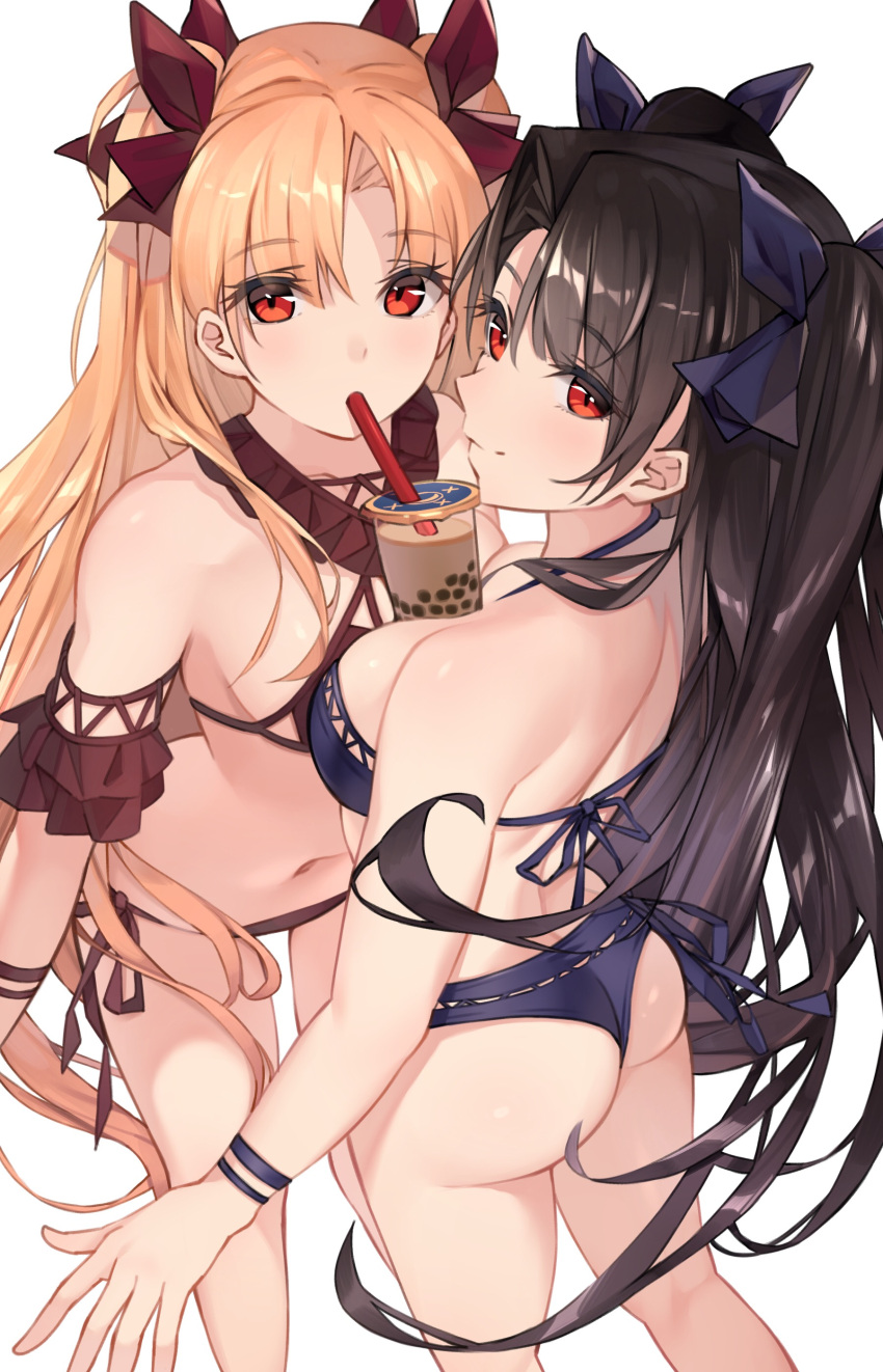 absurdres, ass, bangs, bikini, black_hair, blonde_hair, blue_bikini, blush, bow, breasts, brown_bikini, bubble_tea_challenge, closed_mouth, ereshkigal_(fate/grand_order), fate/grand_order, fate_(series), hair_bow, highres, ishtar_(fate/grand_order), long_hair, looking_at_viewer, looking_back, medium_breasts, navel, parted_bangs, red_eyes, simple_background, smile, swimsuit, thighs, to_gemichi, two_side_up, white_background