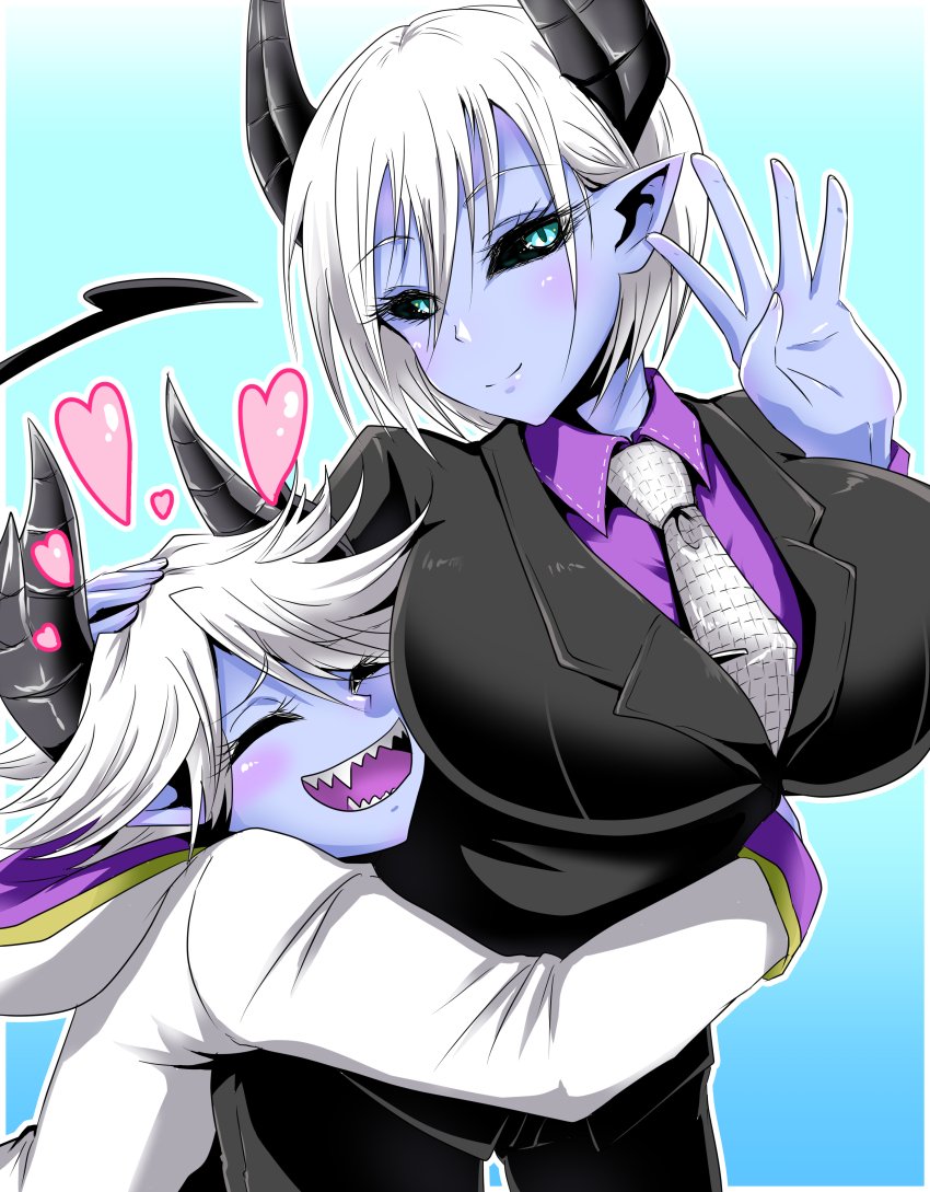 arms_around_waist, blue_background, blue_eyes, blue_skin, blush, breasts, demon_girl, dolores_(musuko_ga_kawaikute_shikatanai_mazoku_no_hahaoya)