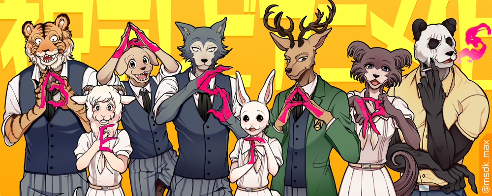3girls, 5boys, beastars, belt, between_fingers, bill_(beastars), blazer, cherryton_school_uniform