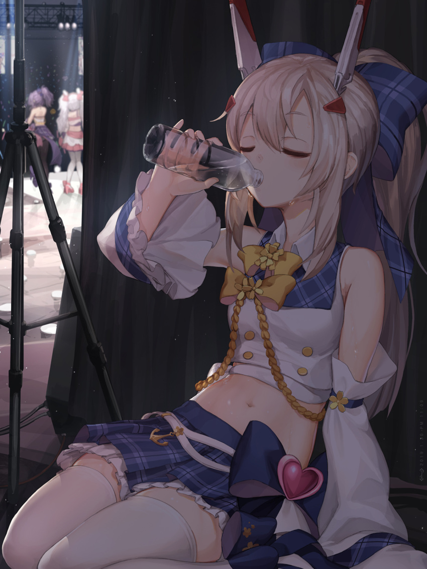 3girls, animal_ears, ayanami_(azur_lane), ayanami_(troubled_star_idol)_(azur_lane), azur_lane, backstage, bare_shoulders, blue_skirt