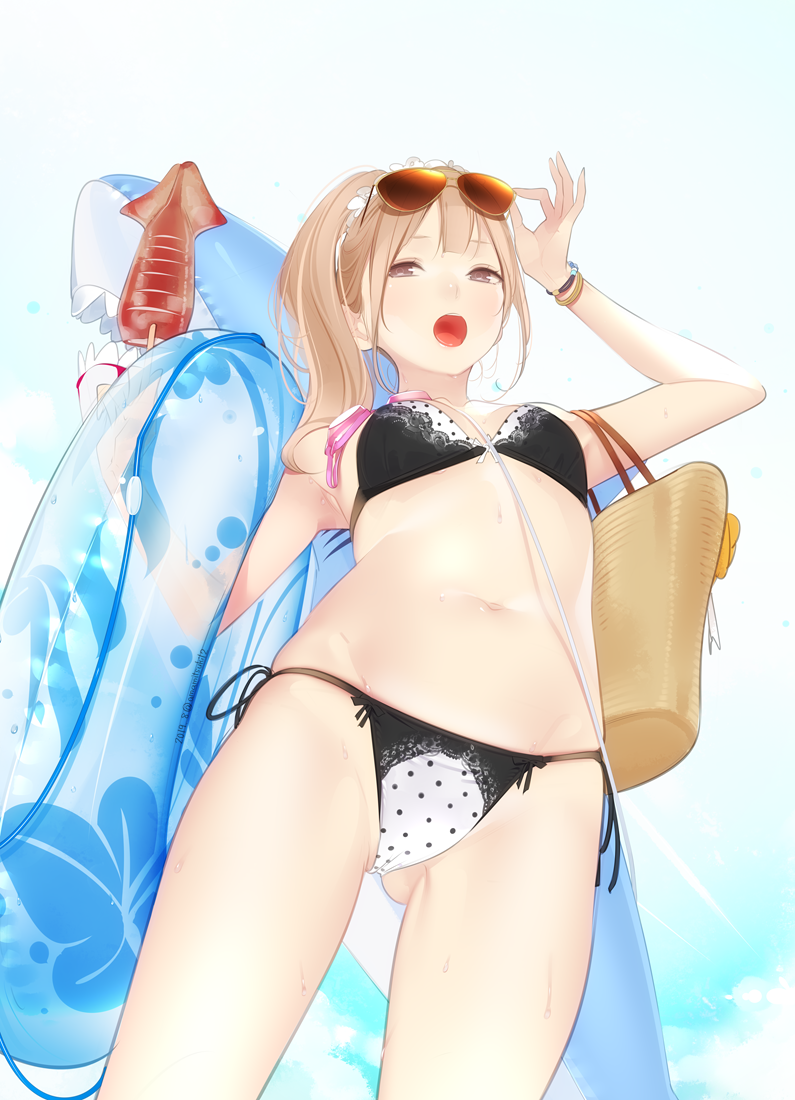 1girl, :o, ama_mitsuki, arm_up, armpits, ass_visible_through_thighs, bare_shoulders, bikini