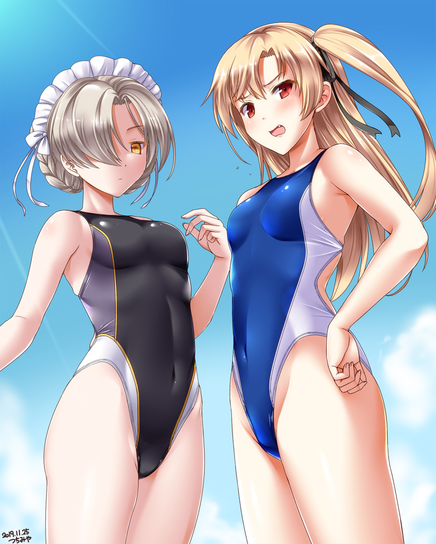 2girls, artist_name, azur_lane, black_swimsuit, blonde_hair, blue_sky, blue_swimsuit, blush