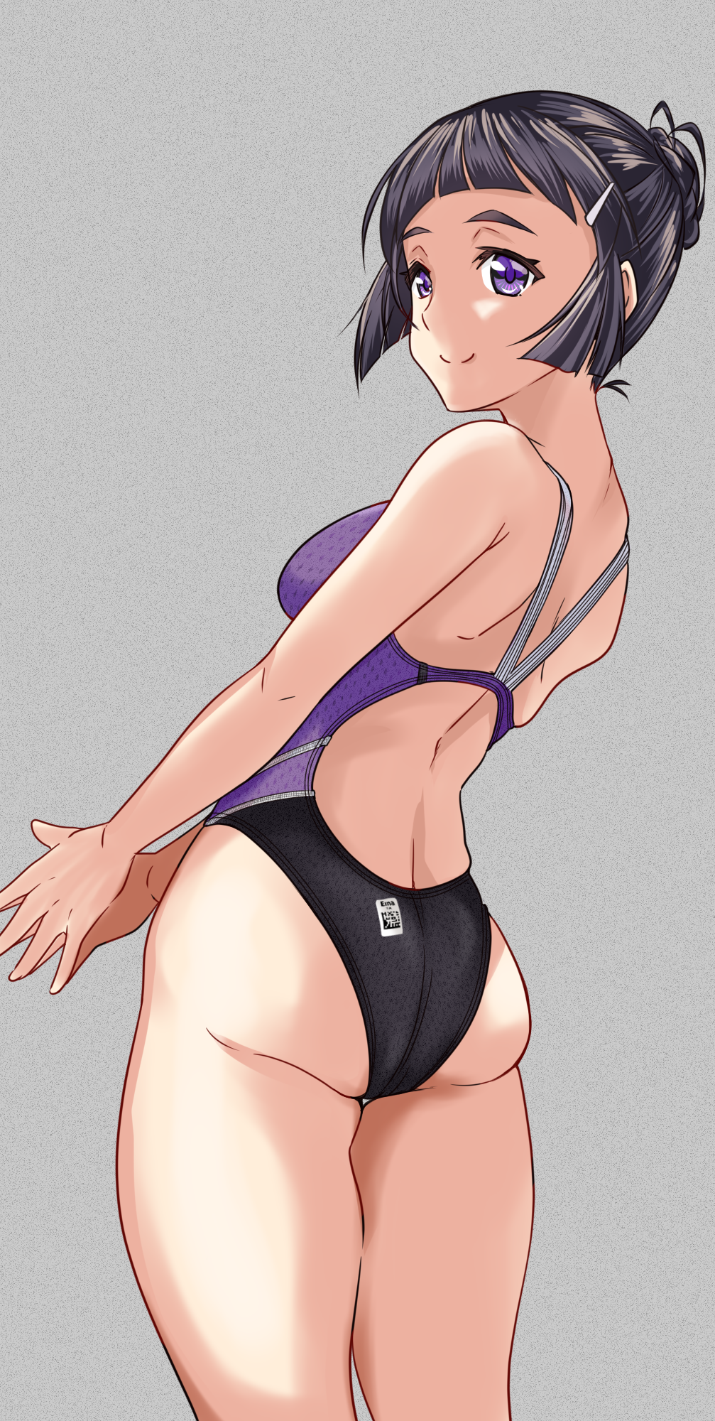 1girl, aiuchi, alternate_eye_color, ass, black_hair, black_swimsuit, braid, braided_bun, breasts, competition_swimsuit, cowboy_shot, from_behind, hair_bun, highleg, highleg_swimsuit, highres, kantai_collection, medium_breasts, multicolored, multicolored_clothes, multicolored_swimsuit, myoukou_(kantai_collection), one-piece_swimsuit, purple_swimsuit, shoulder_blades, solo, standing, swimsuit, violet_eyes