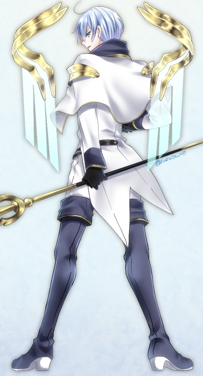 1boy, aqua_eyes, bangs, belt, black_gloves, blue_neckwear, boots, cane, cape, collar, eyebrows_visible_through_hair, gloves, hair_between_eyes, highres, jacket, londrekia_light, looking_at_viewer, looking_back, nanase_asg, short_hair, shoulder_pads, silver_hair, solo, standing, under_night_in-birth, uniform, white_hair