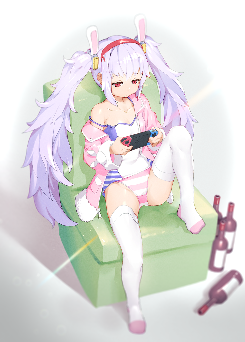1girl, animal_ears, azur_lane, bangs, bluesnail, bottle, breasts, camisole