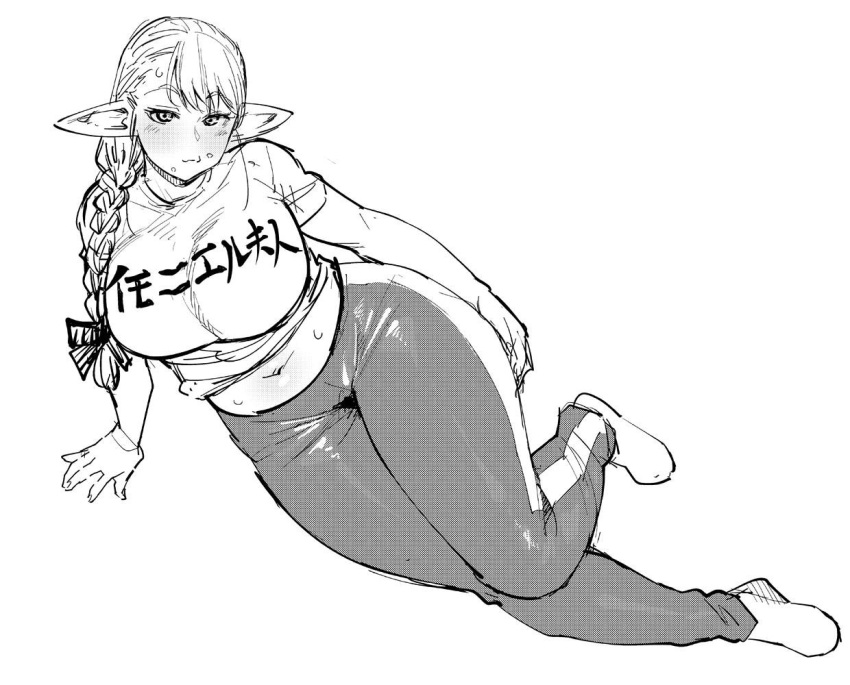1girl, belly, blush, braid, breasts, dutch_angle, elf-san_wa_yaserarenai., erufuda-san