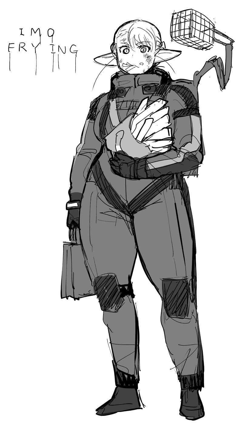 1girl, bag, bodysuit, death_stranding, deep_fry_basket, elf-san_wa_yaserarenai., erufuda-san, food, food_in_mouth, french_fries, highres, looking_at_viewer, parody, pointy_ears, simple_background, sketch, solo, standing, synecdoche, title_parody, white_background