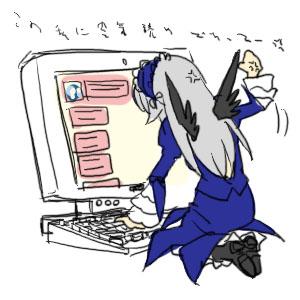 1girl, anger_vein, artist_request, computer, gothic_lolita, grey_hair, hairband, imageboard