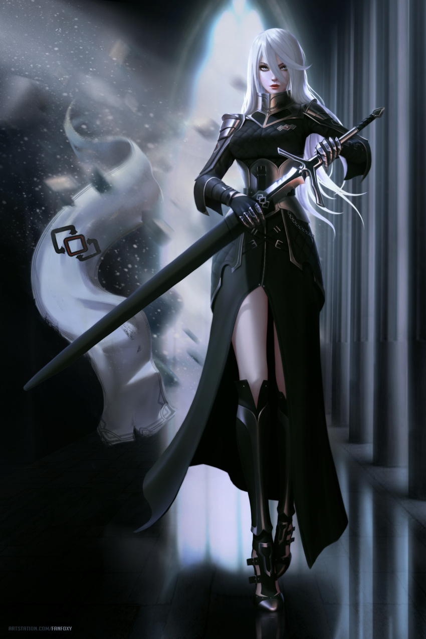 1girl, absurdres, angelise_reiter, armor, armored_dress, black_dress, blue_eyes, boots