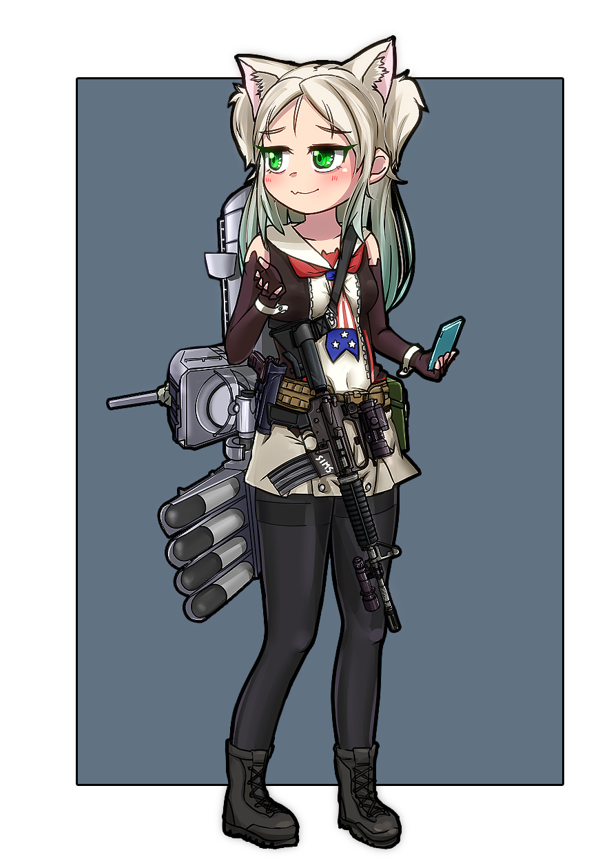 1girl, :3, american_flag_neckwear, animal_ear_fluff, animal_ears, assault_rifle, azur_lane, black_footwear