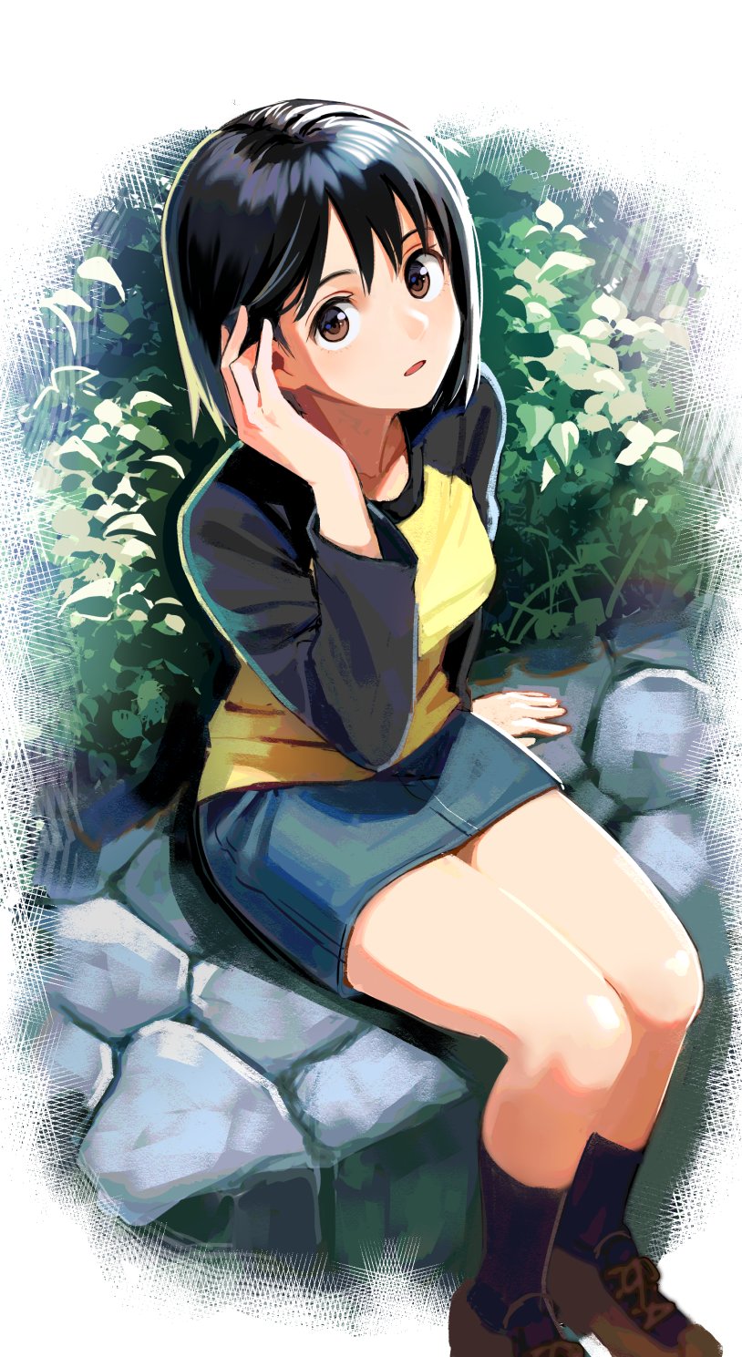 1girl, adjusting_hair, black_hair, bob_cut, brown_eyes, commentary_request, denim, denim_skirt