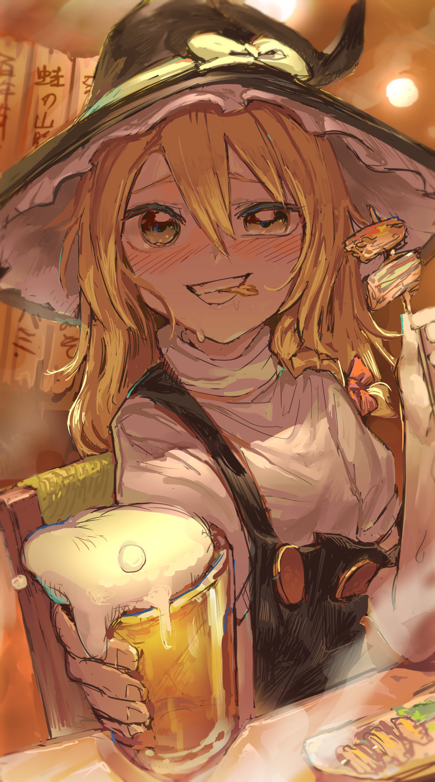 1girl, absurdres, alcohol, beer, beer_mug, blonde_hair, blush, bow, braid, commentary_request, drink, eating, food, furrowed_eyebrows, grin, hair_between_eyes, hakonnbo, half-closed_eye, hat, hat_bow, highres, kirisame_marisa, long_hair, looking_at_viewer, mouth_hold, nose_blush, shirt, short_sleeves, side_braid, single_braid, sketch, smile, solo, steam, touhou, upper_body, white_bow, witch_hat, yellow_eyes